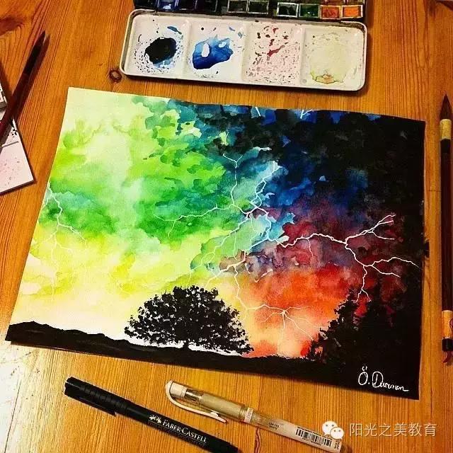 漂亮的水彩星空,冷色系的水彩星空简单