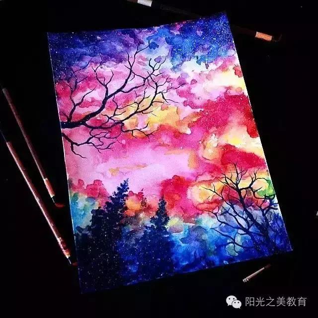 漂亮的水彩星空,冷色系的水彩星空简单