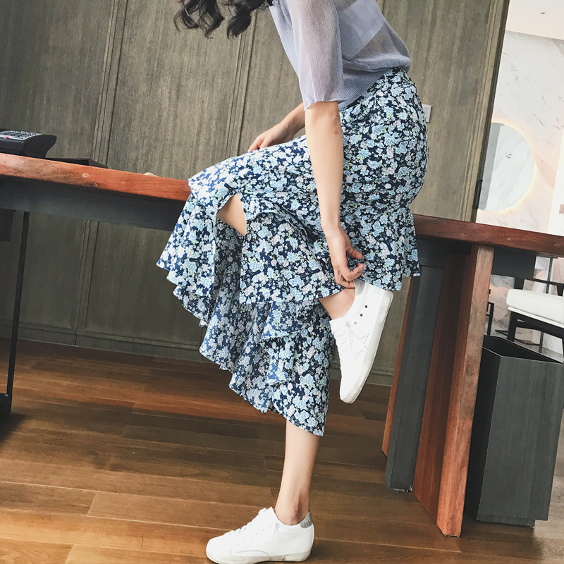 高腰西装荷叶边中长款半身裙大码,高腰金属别针包臀荷叶边半身裙