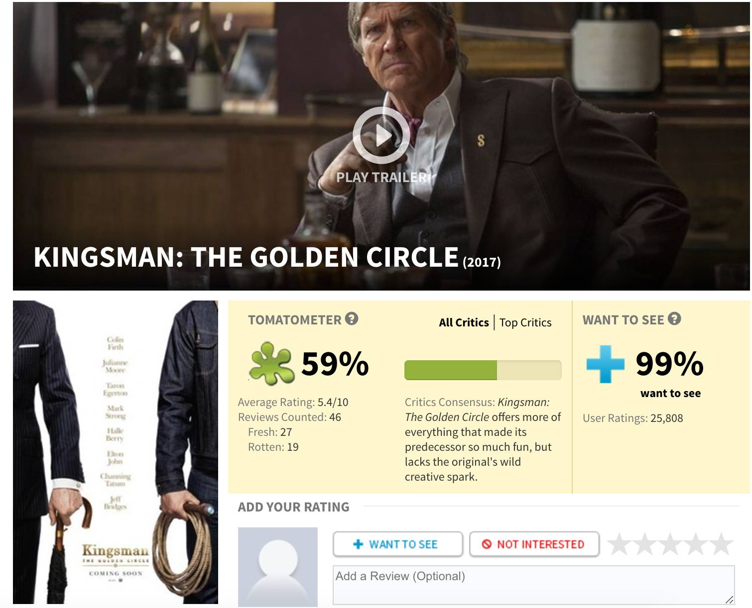 《王牌特工2》内地定档10月20日烂番茄59%预期值要降低!