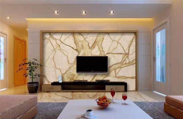 蓝色微晶石背景墙装修效果,微晶石新中式客厅电视背景墙