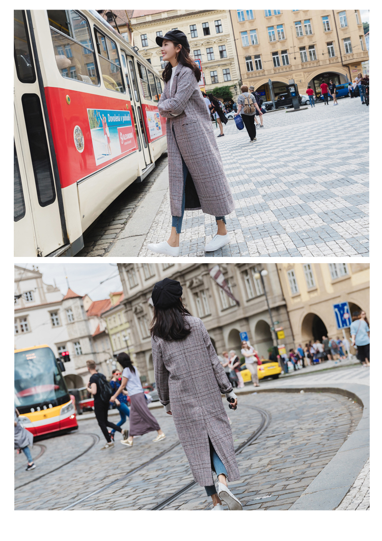 长款毛呢女外套，千鸟格加厚呢子大衣