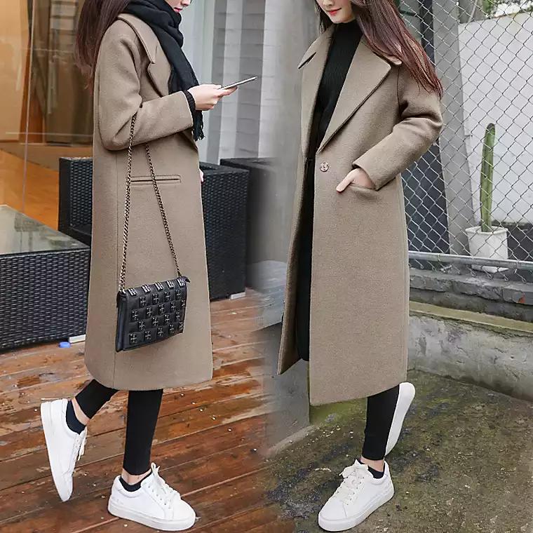 最新款韩版女冬季毛呢大衣长款,韩国女式羊绒大衣最新款