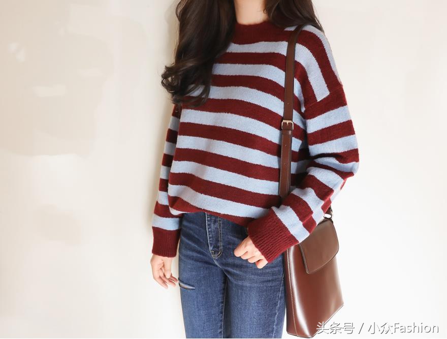 天天美穿搭,条纹毛衣长款宽松慵懒风穿搭