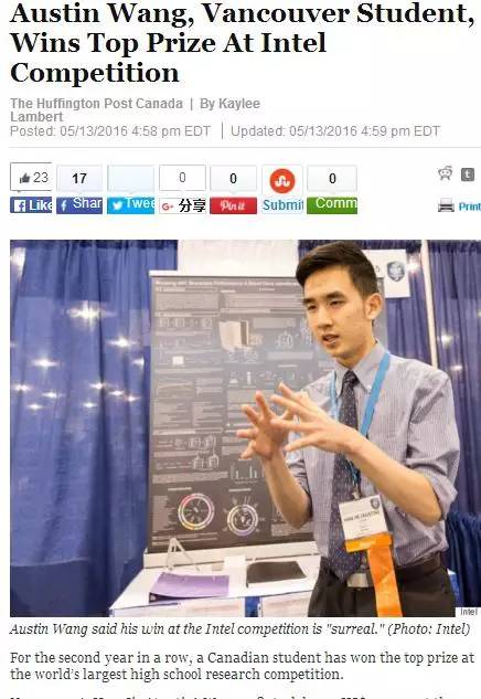 焦点人物：18岁华裔生研究废水细菌发电获英特尔大奖冠军！