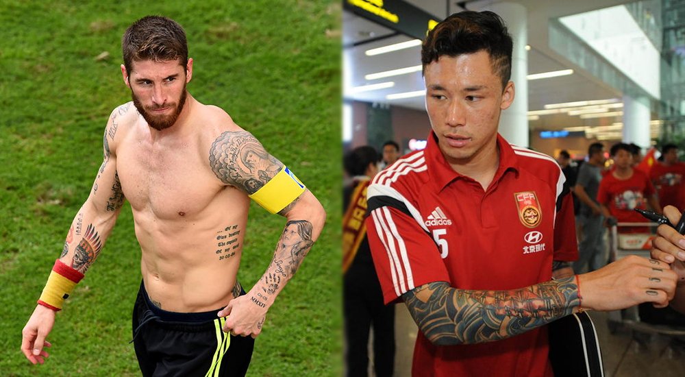 中国国脚的霸气纹身,郑智纹身感人,权健核心同花顺纹身抢眼