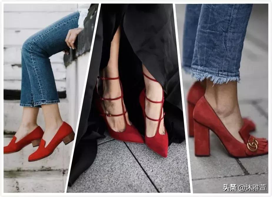 穿红色衣服红色鞋子,红色芭蕾单鞋配牛仔裤