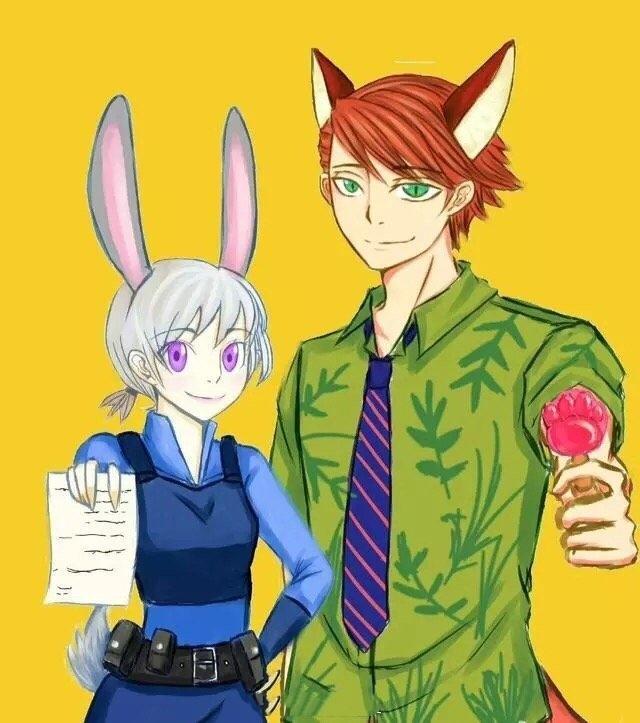 疯狂动物城拟人插画,疯狂动物城狐兔绘画拟人