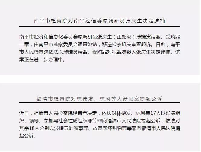 头条｜南平经信委原调研员张庆生被逮捕，福清林德发、林风等人涉黑案提起公诉
