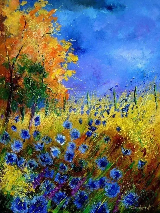 诗意油彩让人沉醉的蓝色矢车菊