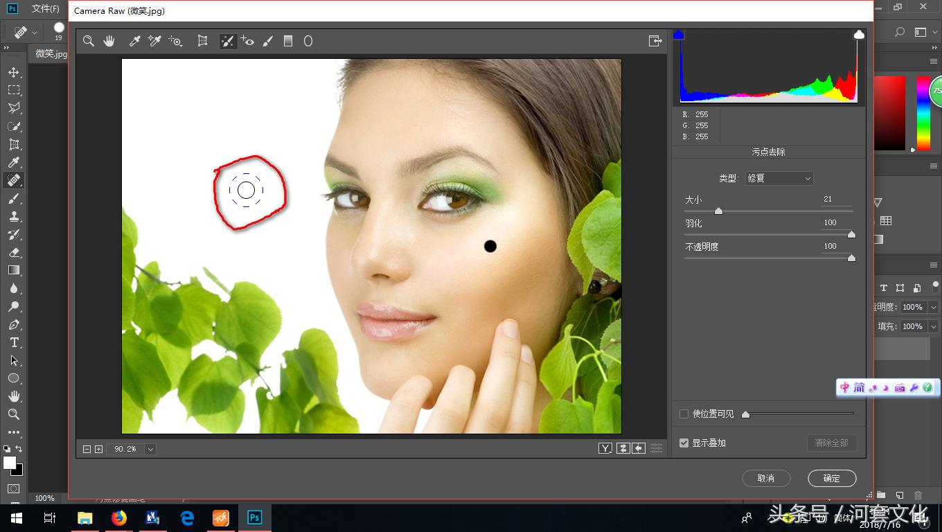 用photoshop污点去除工具修复人脸上的瑕疵和污点