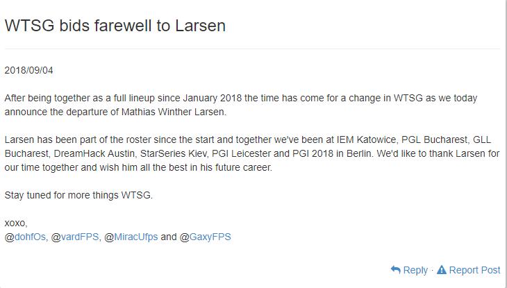 绝地求生：WTSG队内大腿Larsen离队轰动整个欧美吃鸡圈