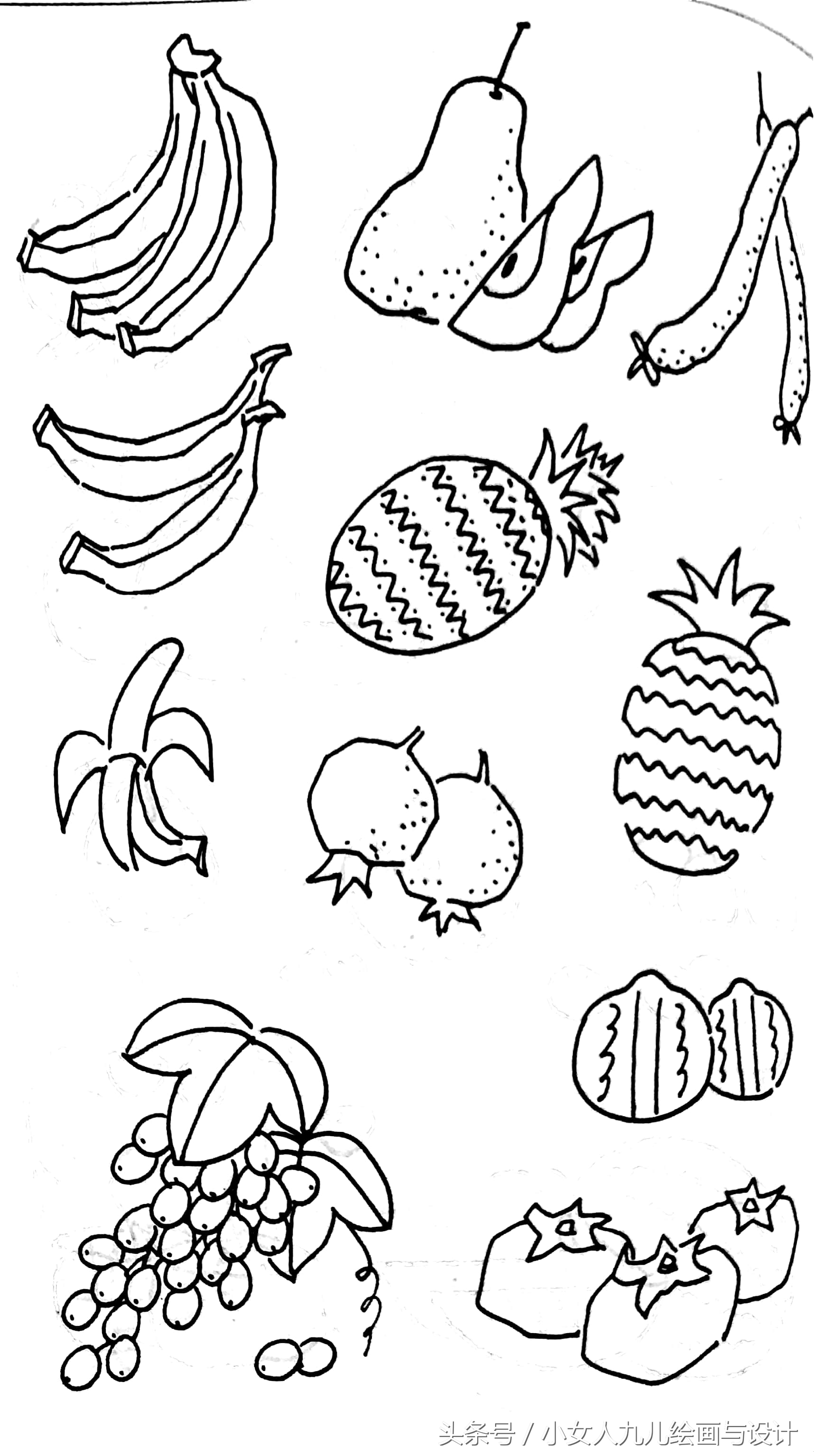 水果蔬菜简笔画线描组合,五六月应季水果和蔬菜简笔画