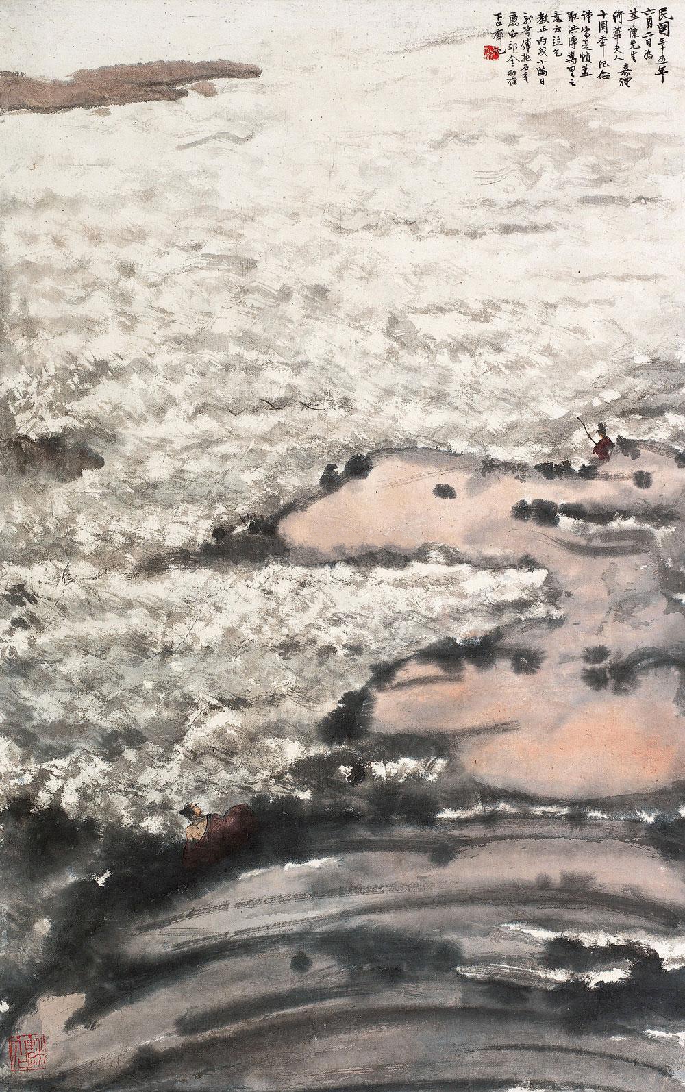 傅抱石创作国画天女散花图,傅抱石的国画作品《一望大江开》