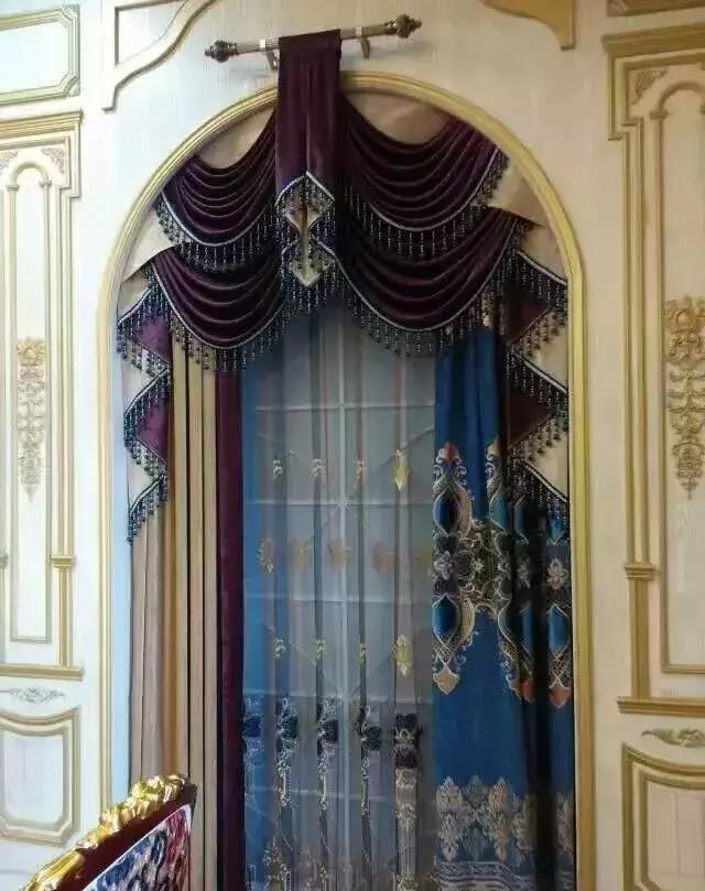 半圆弧窗幔窗帘效果图,别墅窗纱幔头效果图