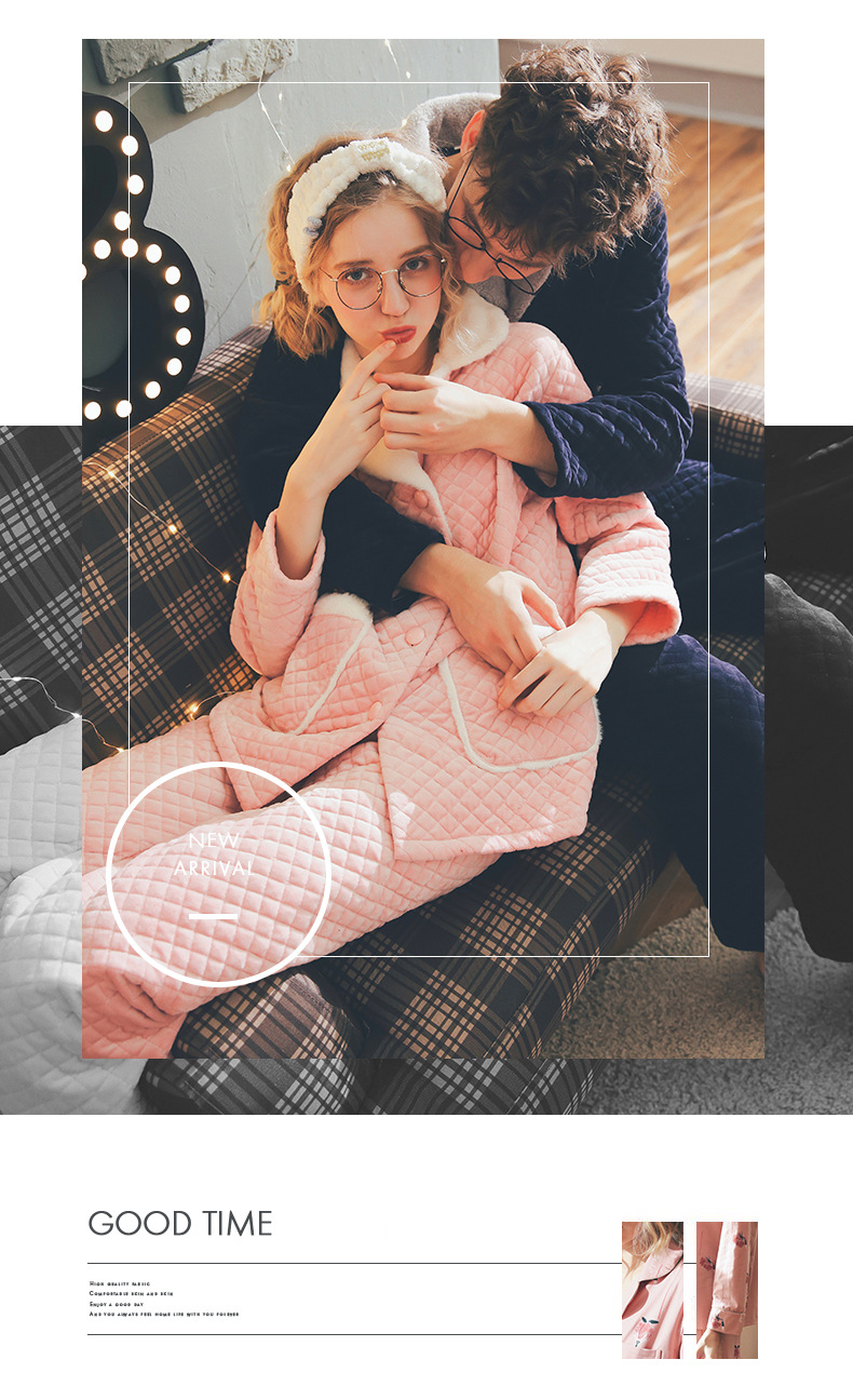 情侣睡衣秋冬珊瑚绒夹棉套装韩版家居服男纯棉长袖100%全棉加厚女