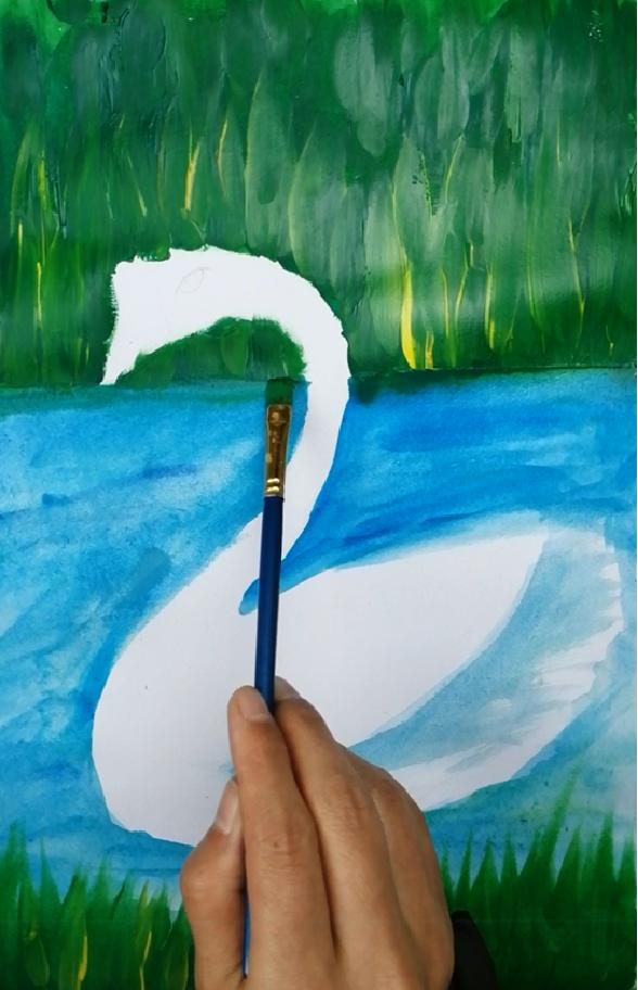 大白鹅彩铅儿童画,水粉大白鹅的画法