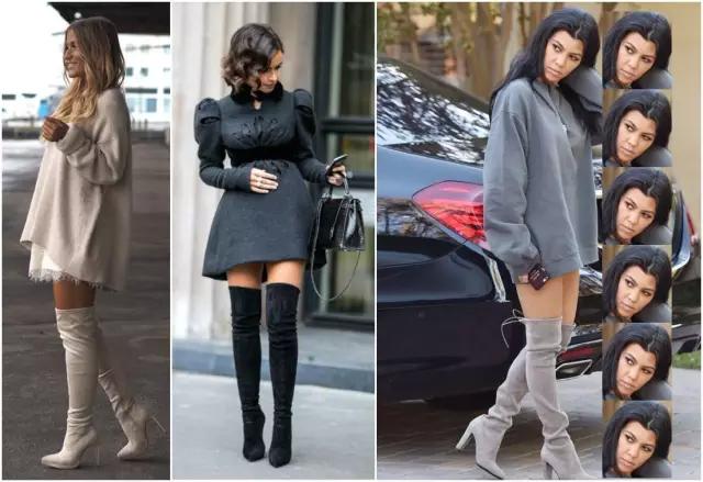 烟灰色牛仔裤怎么搭过膝靴,小香风皮毛外套搭配牛仔裤过膝靴