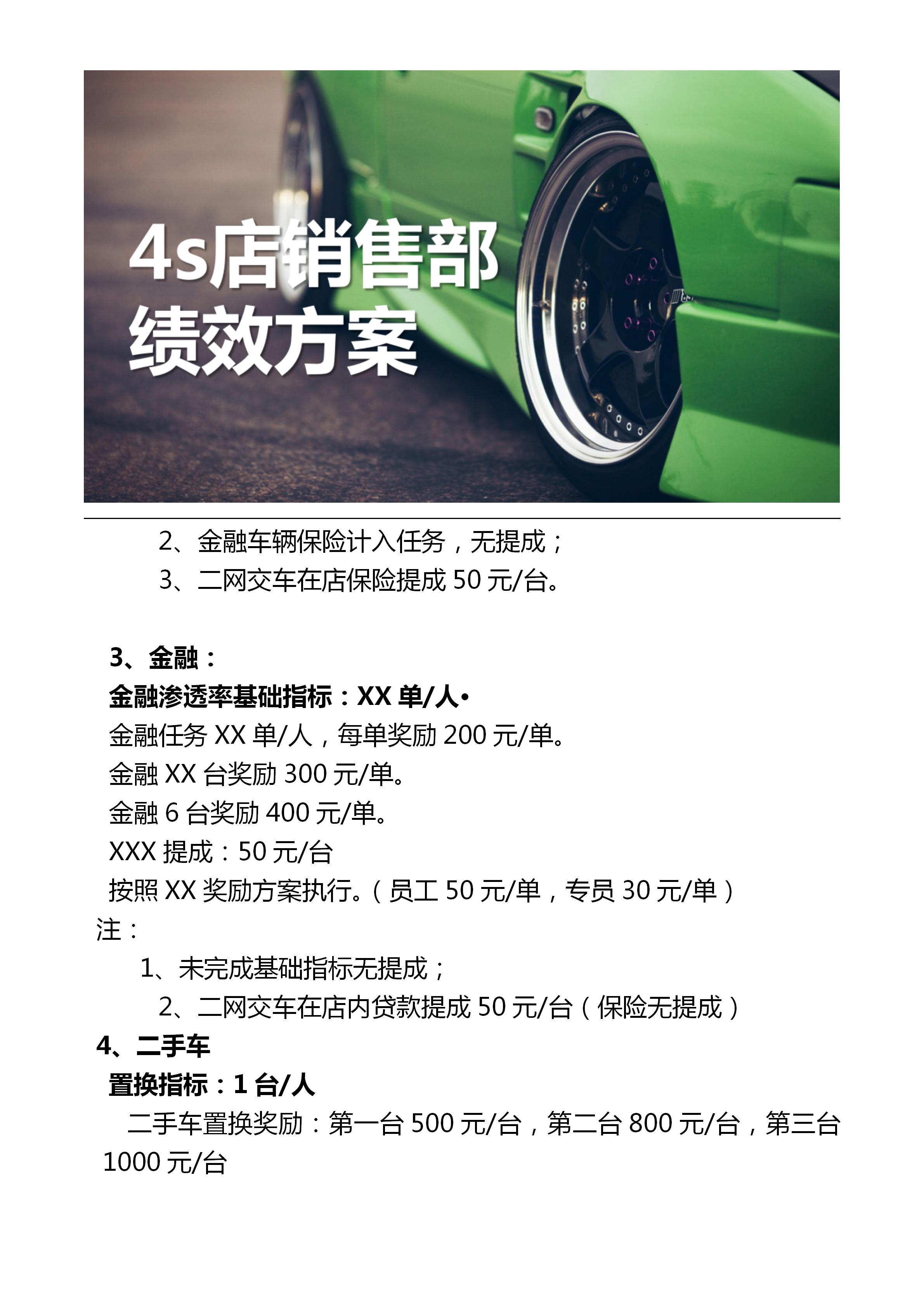 4s店财务绩效考核方案,4s店销售部和市场部的绩效