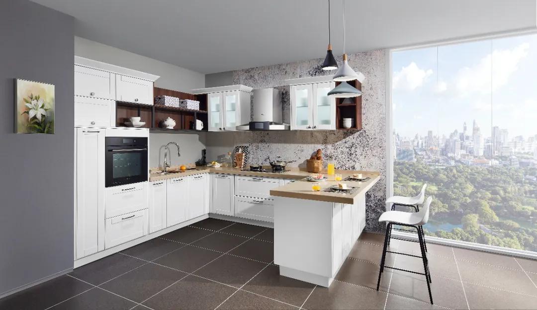 厨房直角吧台和推拉门一体效果图,厨房吧台极简设计效果图最新款