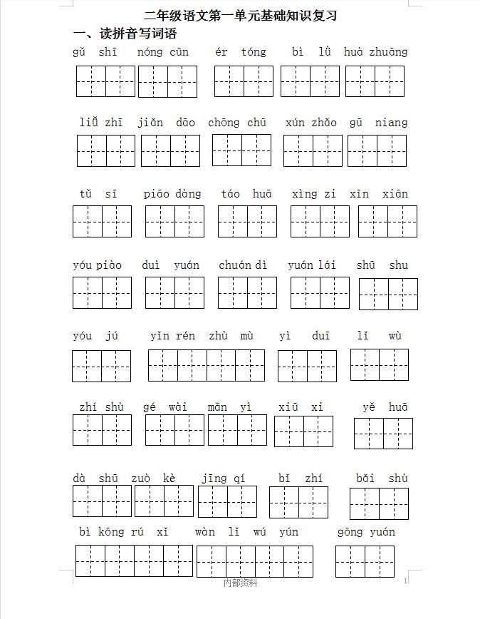 二年级语文第一单元整理复习,二年级语文第一单元考试整理复习