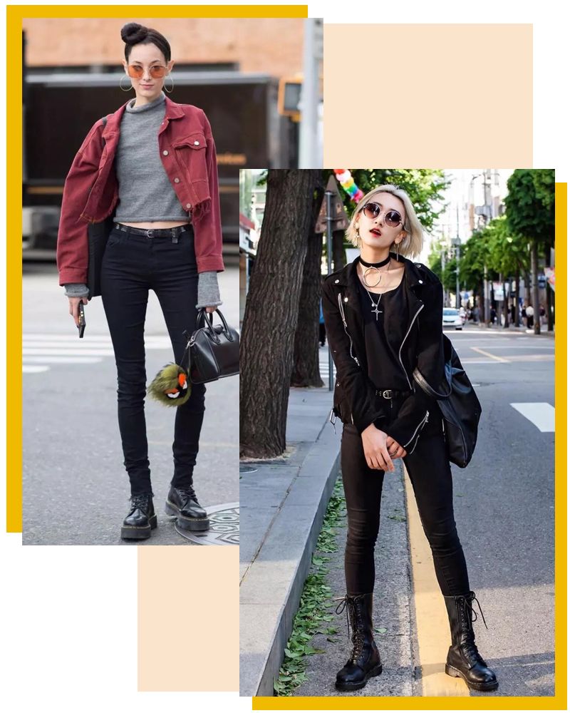 马丁靴+小黑裤，冬日保暖显高CP