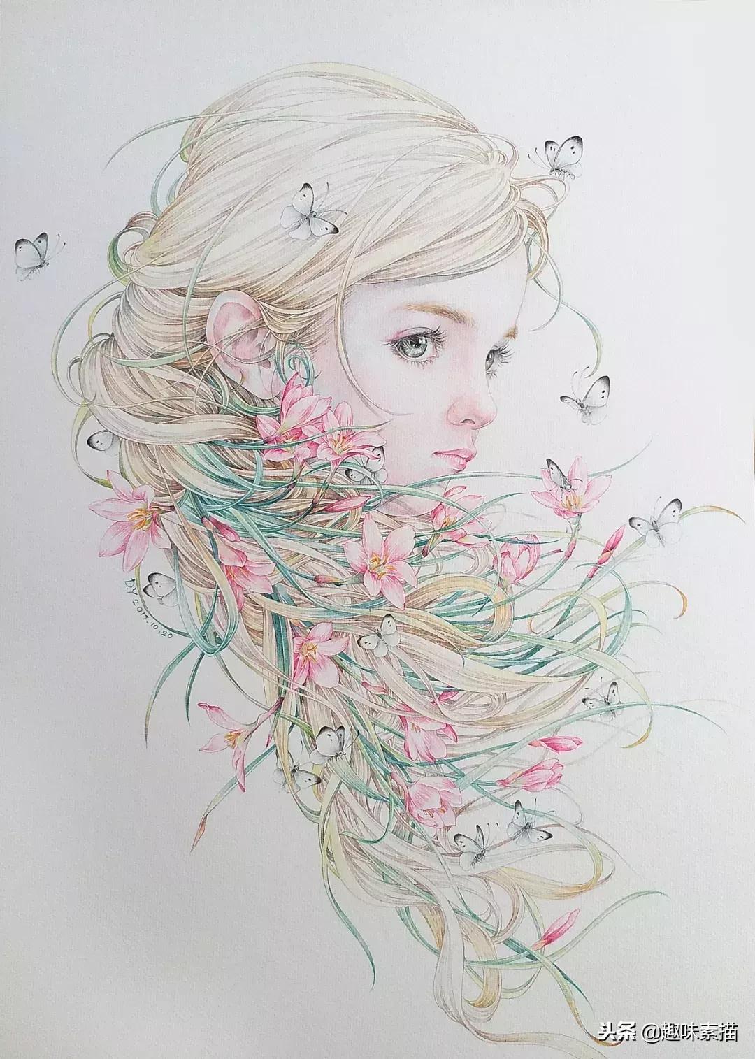 超精细彩铅人像素描,简单又漂亮的彩铅插画