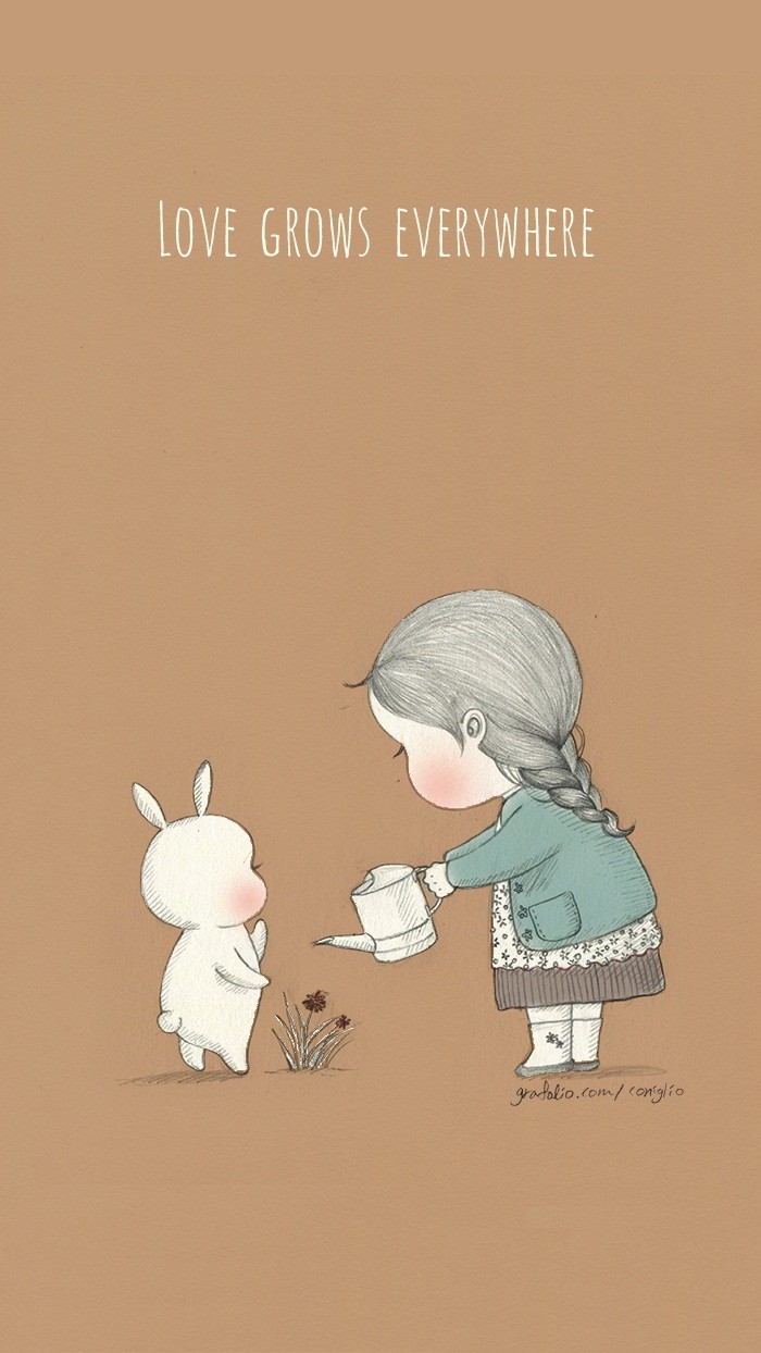 少女与兔子插画,兔子手绘创意插画