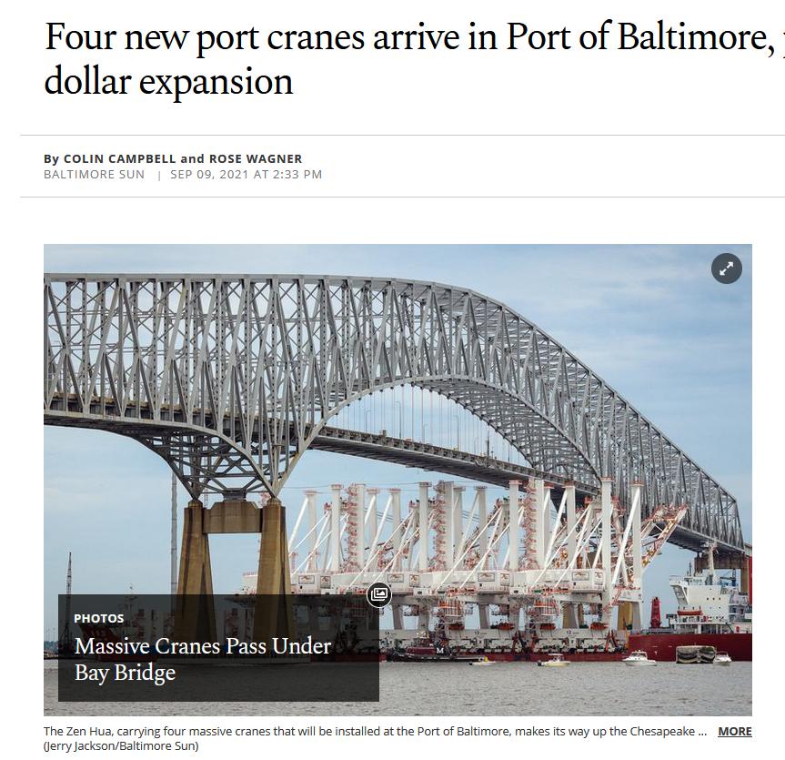 四座巨型振华港口起重机运抵美国,四辆大马力起重机抵达美国