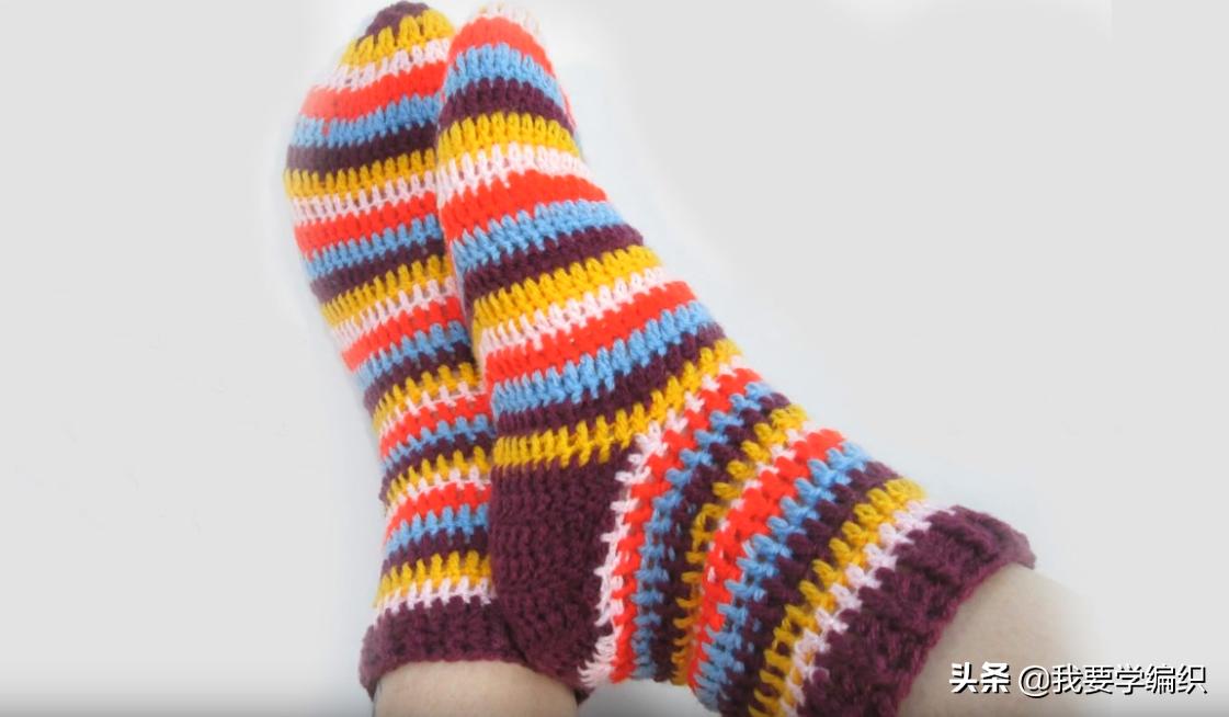 最简单钩袜子视频,时尚彩虹地板袜编织图解
