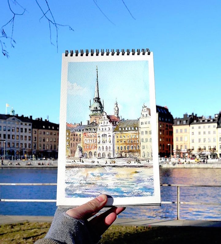 世界水彩画家风景写生,艺术家的画细节