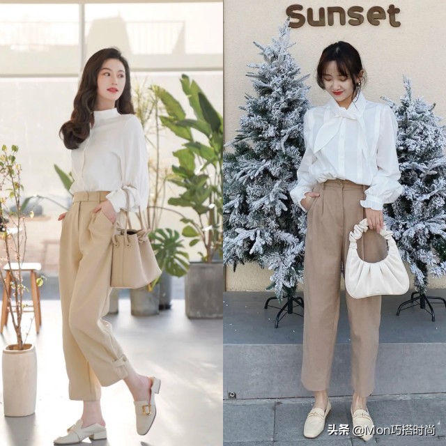 白衬衫卡其裤搭配女,穿搭女夏季搭配高级感九分牛仔裤
