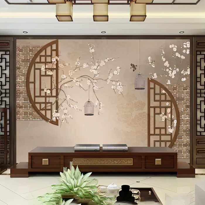 硅藻泥中式背景墙效果图客厅,硅藻泥电视背景墙新中式