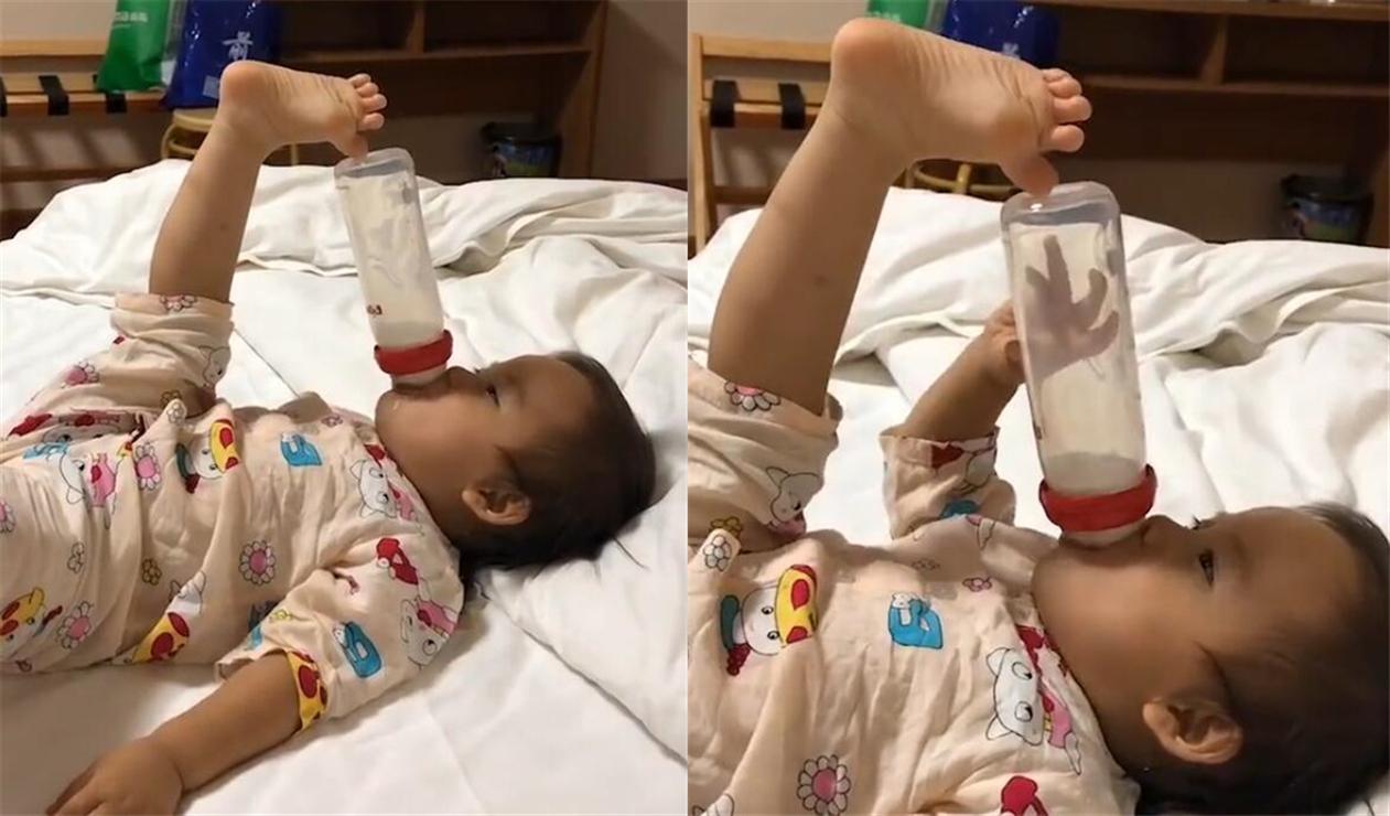 奶爸分享宝宝搞笑吃奶姿势,萌娃喝奶奇葩小动作