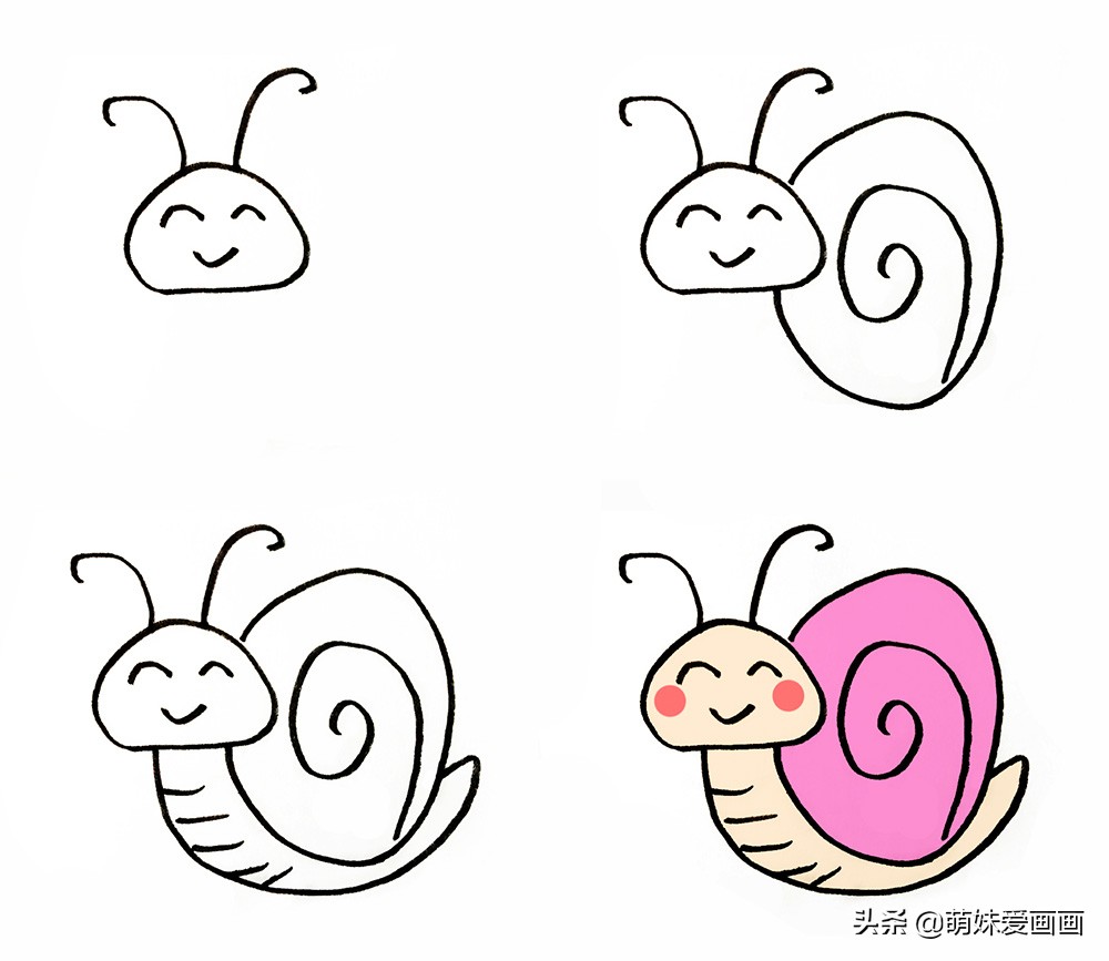 小蜗牛春夏秋冬四季创意画简笔画,蜗牛与鱼青蛙荷花创作一幅简笔画