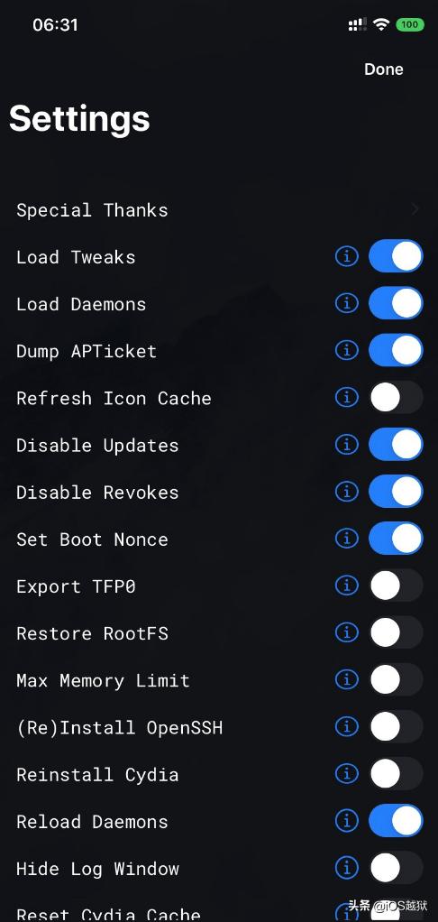 苹果unc0ver越狱工具设置里各项都是什么意思?