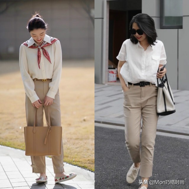 白衬衫卡其裤搭配女,穿搭女夏季搭配高级感九分牛仔裤