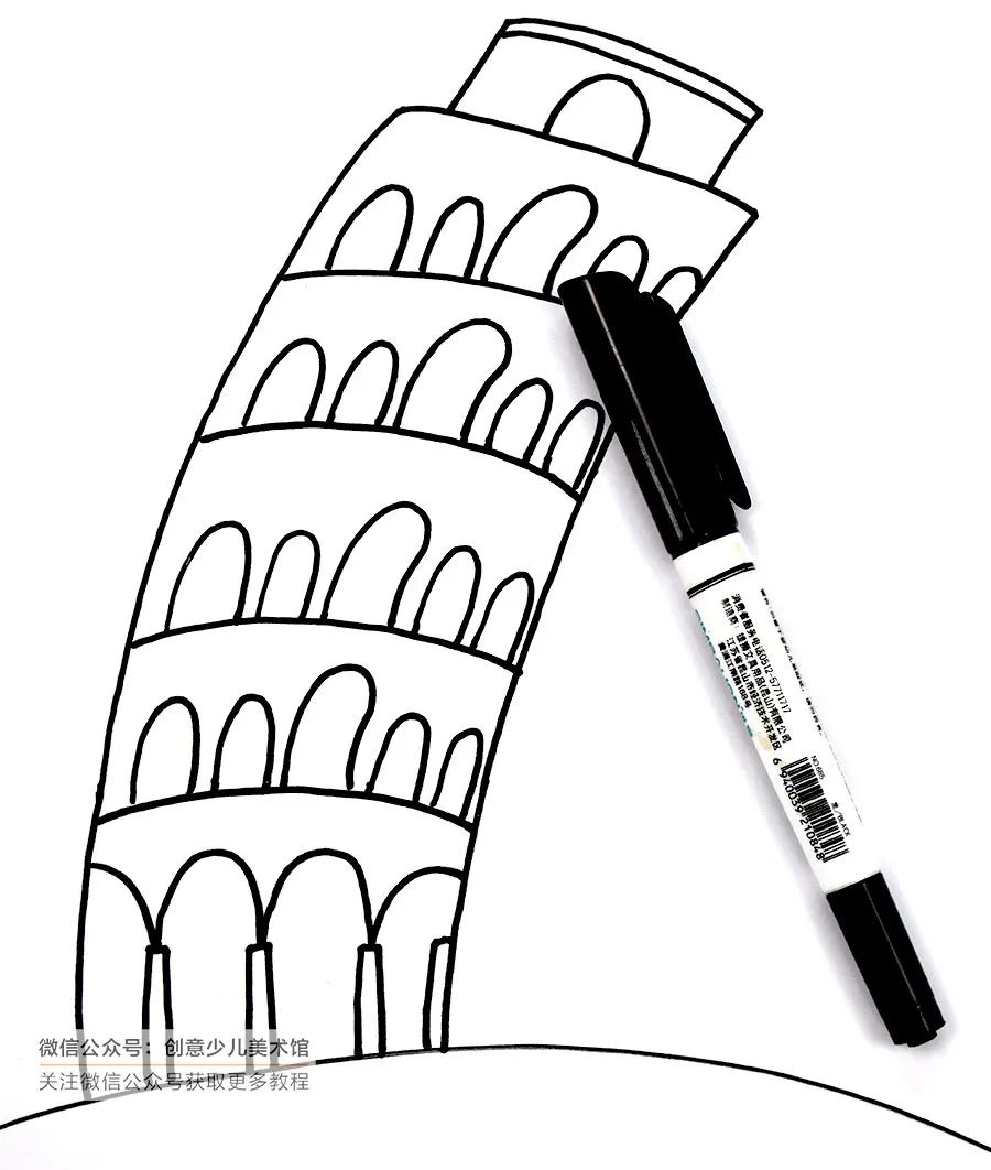 高耸有新意的塔儿童画,星空下的比萨斜塔创意美术
