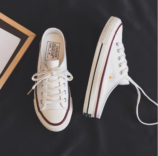 厚底板鞋秋季透气休闲帆布鞋,百搭小雏菊帆布鞋