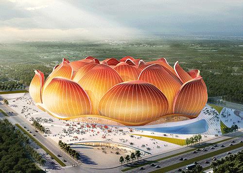 足球遇上夕阳一定很浪漫吧,恒大足球场的荷花造型