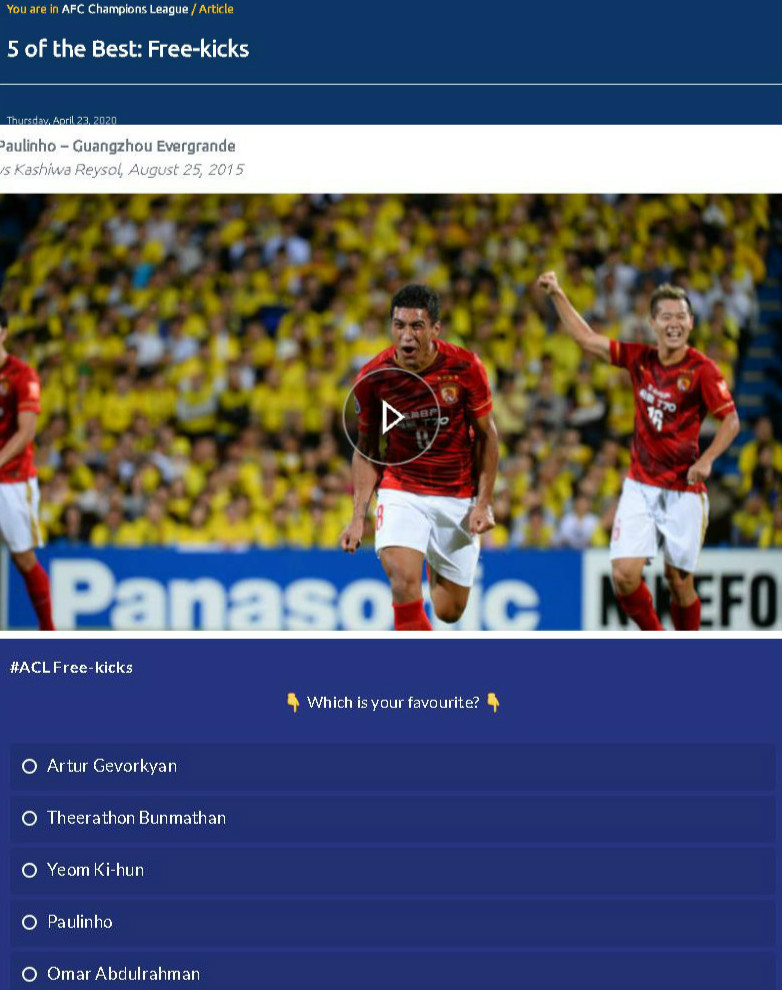 亚足联评亚冠五佳任意球,恒大上港之战保利尼奥挑球过人