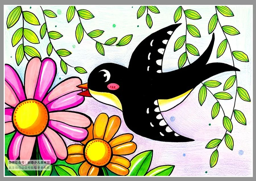 创意儿童画花丛中飞舞的蝴蝶,花丛中飞来一只燕子儿童画