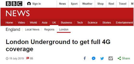 英国的地铁将在2020年开通4g信号,英国地铁通4g信号