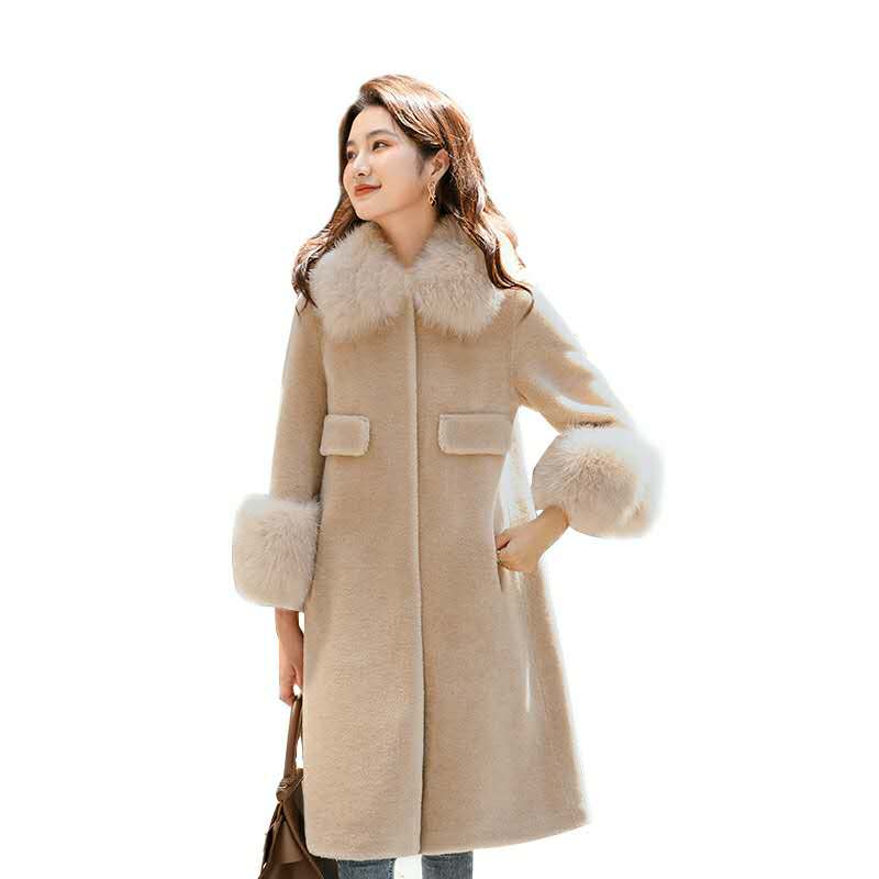 2020款秋冬皮草爆款皮毛一体,麂皮绒皮毛一体外套中长款狐狸毛