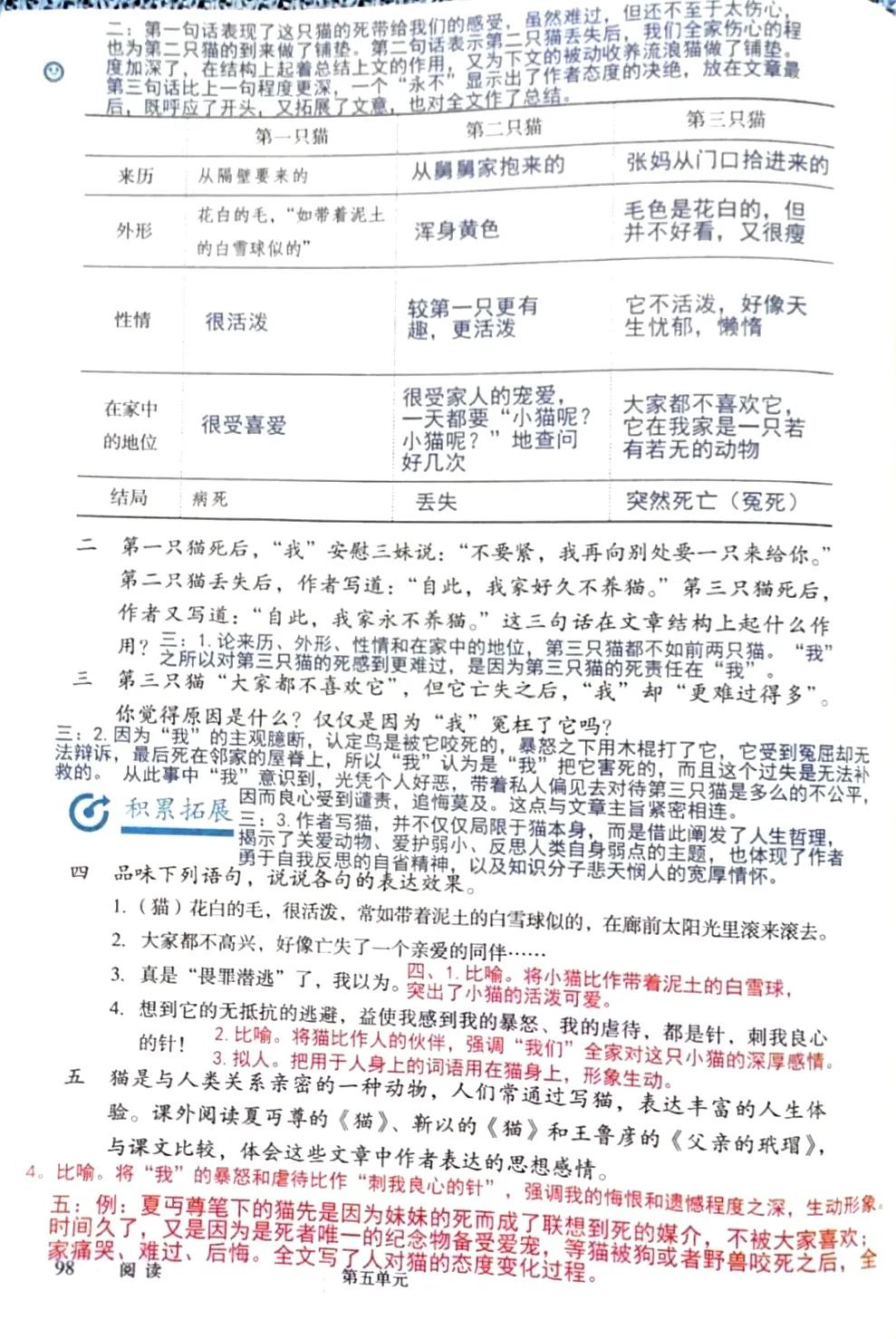 七上猫预习笔记,语文七年级上册人教版16课猫笔记