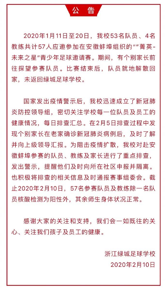浙江绿城官方：一名队员核酸检测为阳性，其他56人身体正常
