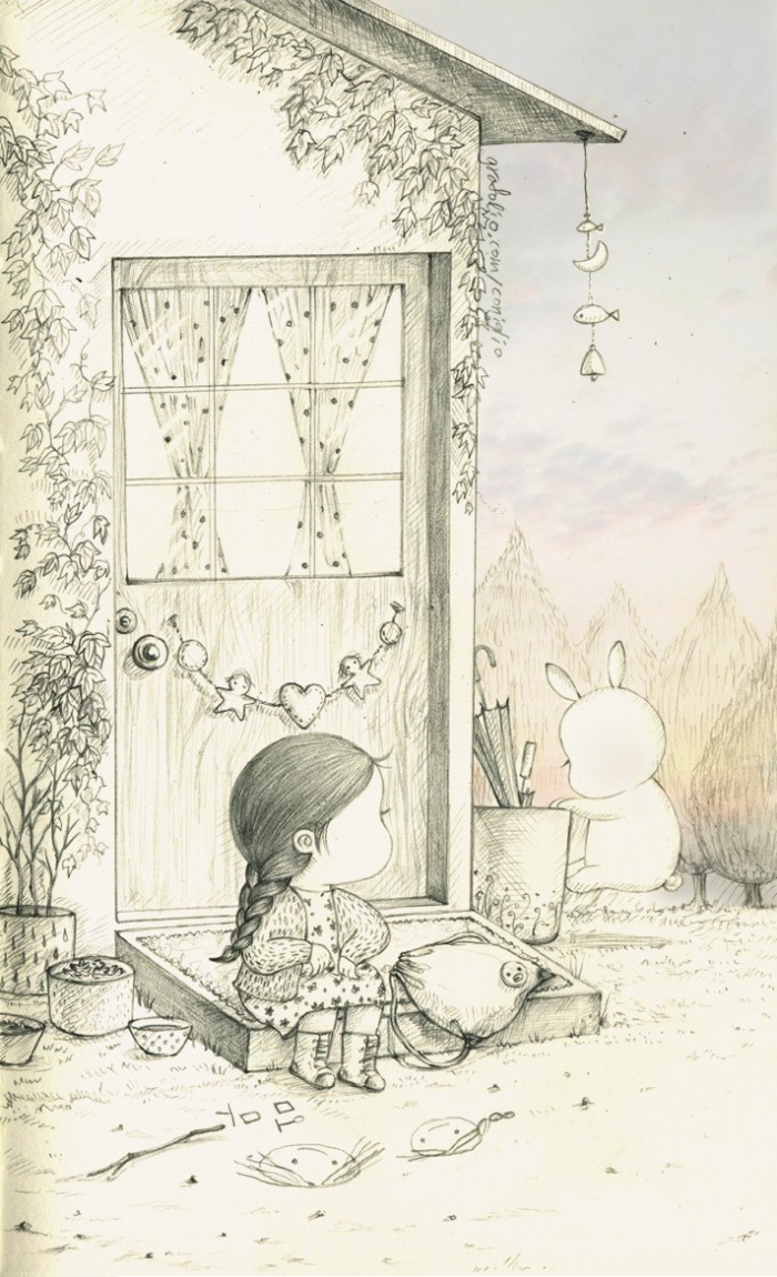 少女与兔子插画,兔子手绘创意插画