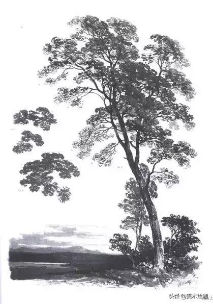 素描风景临摹高清大图简单范本,有山有水有倒影的素描风景图