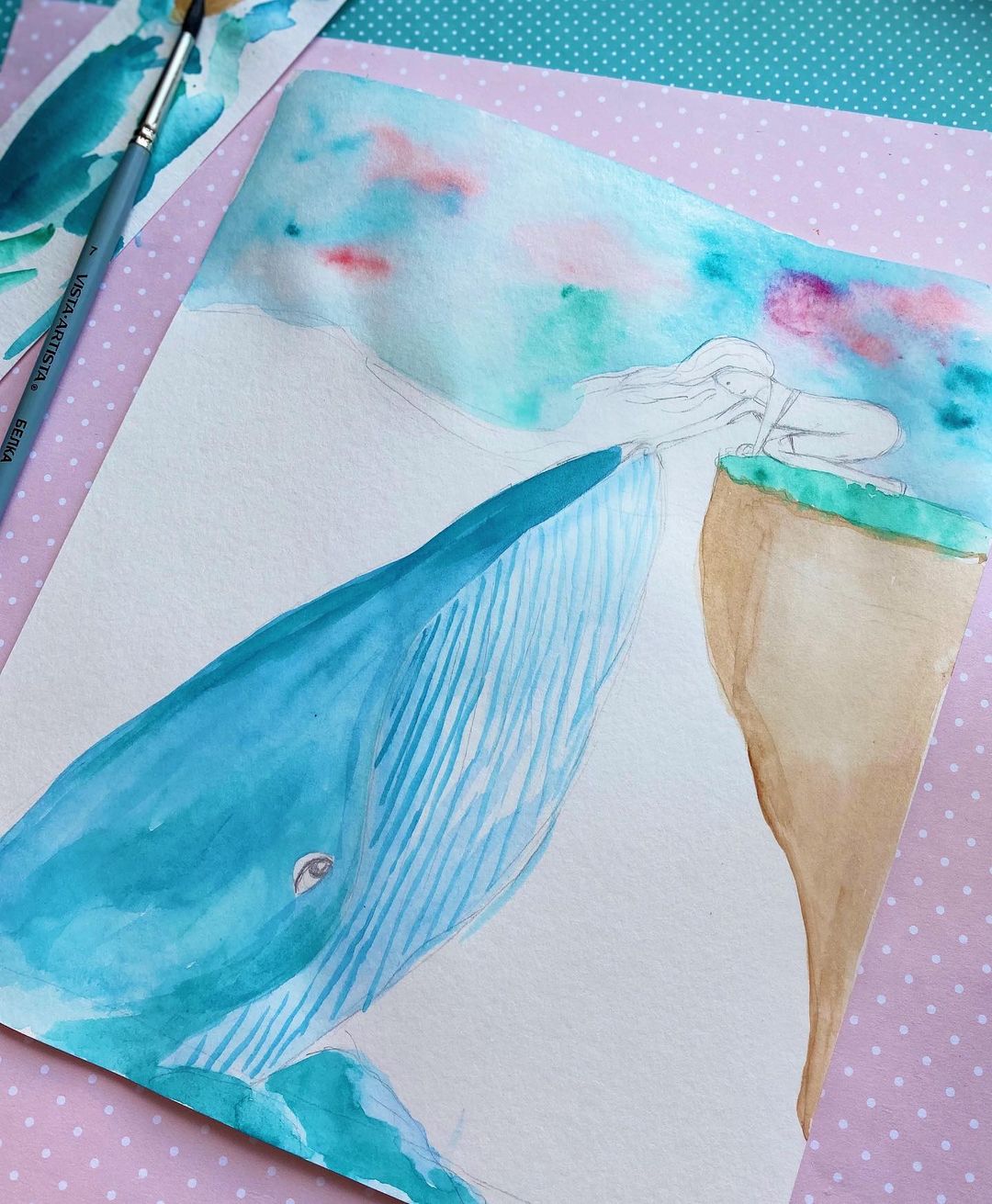 鲸鱼怎么画比较仙气水彩画,怎么用水彩画云朵上的鲸鱼