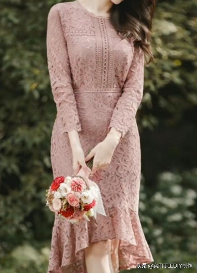 蕾丝镂空花连衣裙制作款式,钩花镂空蕾丝拼接连衣裙
